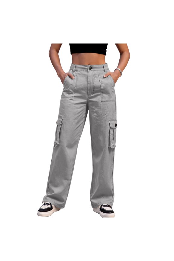Women's Casual Street Style Multi-pocket Straight High Waist Slim Wide Leg Work Trousers, Urban and Practical for Fashion with Multiple Functional Pockets,Gray,S