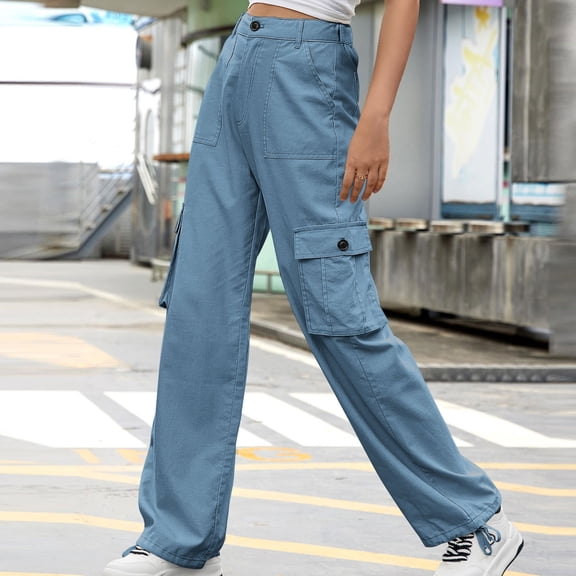 Women's Casual Street Work Pants, Multi-Pocket Straight High Waist Wide Leg Trousers, Utility Fashion Wear for Urban Style and Practical Use,Blue,S