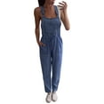 thumbnail image 1 of Women's Casual Stretch Adjustable Denim Bib Overalls Drawstring Waist Loose Jeans Jumpsuits Rompers with Pockets, 1 of 7