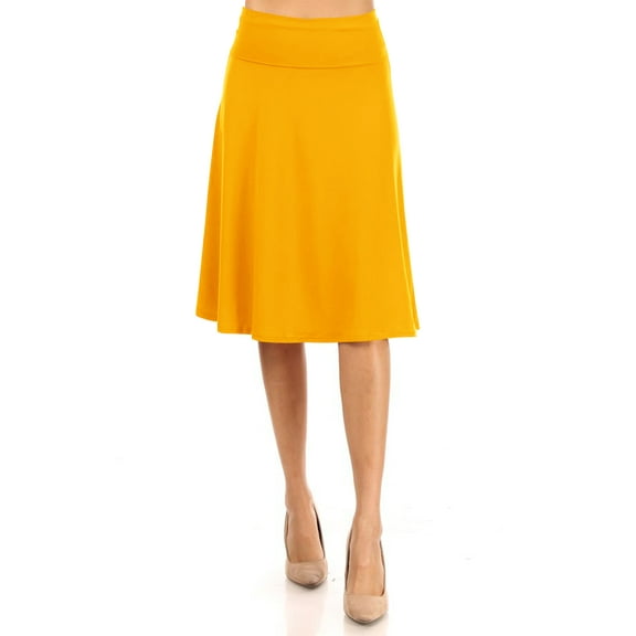 Women's Casual Stretch Basic Foldable High Waist Relaxed Fit A-Line Solid Midi Skirts