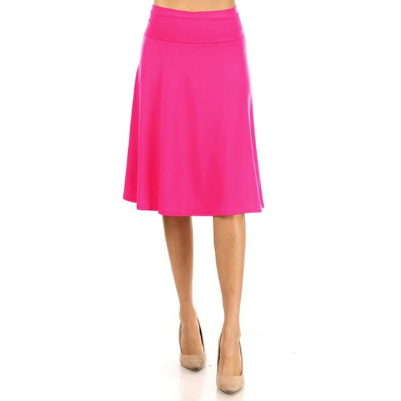 Women's Casual Stretch Basic Foldable High Waist Relaxed Fit A-Line Solid Midi Skirts