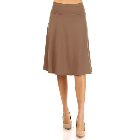 Women's Casual Stretch Basic Foldable High Waist Relaxed Fit A-Line Solid Midi Skirts