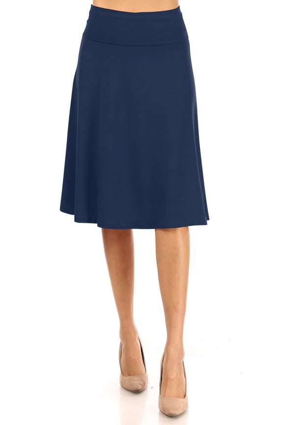 Women's Casual Foldable High Waist A-Line Midi Skirt with Stretch Fabric