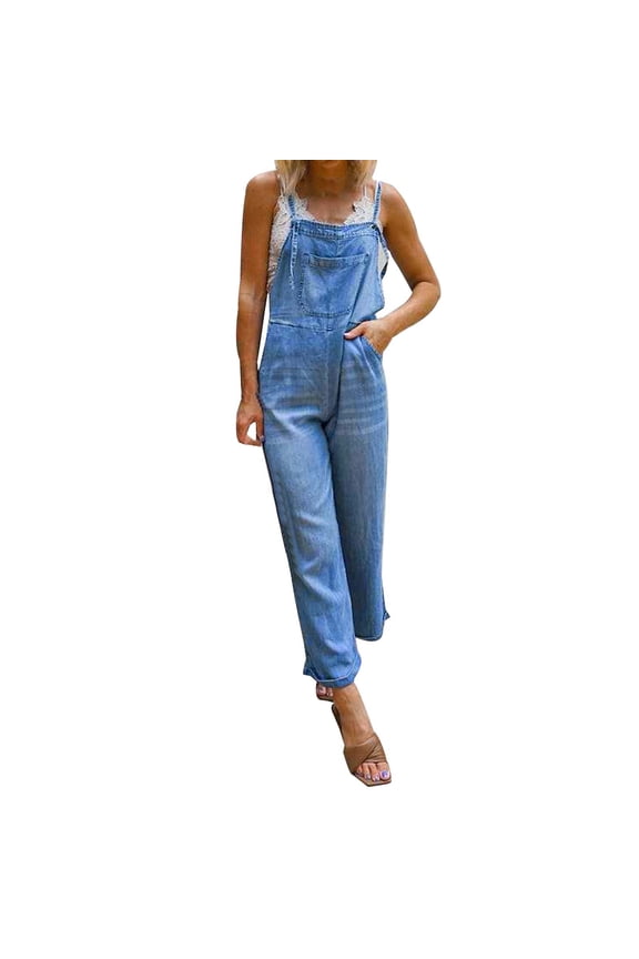 Women's Casual Stretch Denim Bib Overalls Pants Pocketed Jeans Jumpsuits,Blue,M