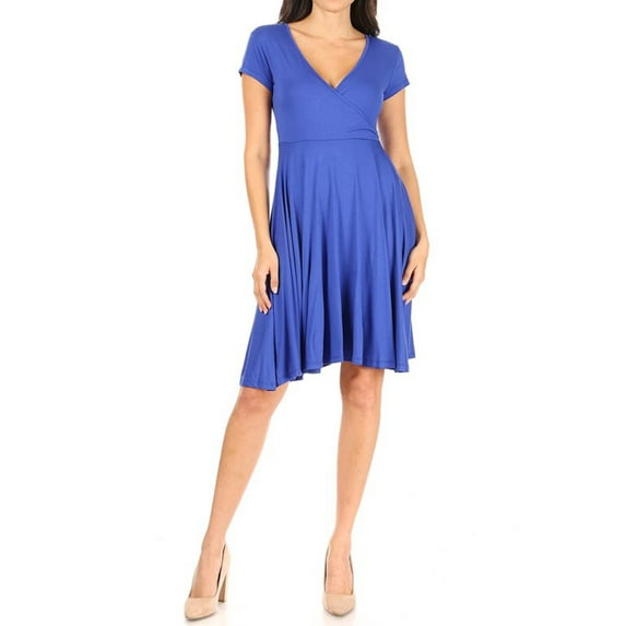 Women's Casual Stretch Flared Swing V-Neck Short Sleeve Midi Dress