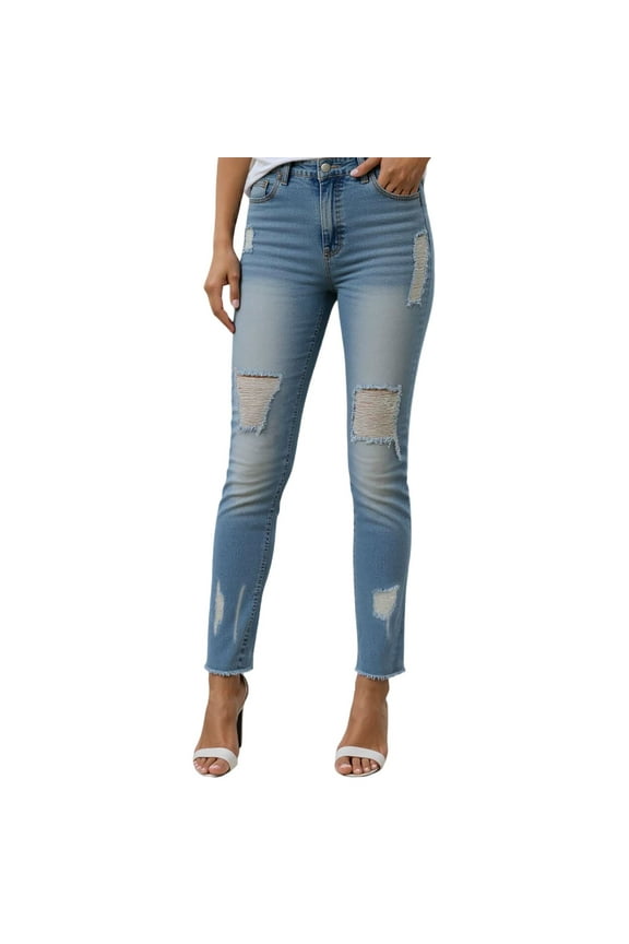Women's Casual Stretch Jeans Distressed Denim Pants Skinny Fit Comfortable Vacation Everyday Wear Trendy Fashion Tapered Ankle Length