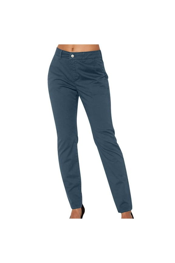 Women's Casual Stretchy Dress Pants Straight-Leg Work Pants Ladies Summer Solid Business Full Length Pants Navy S