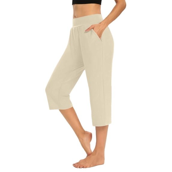 Women's Casual Stretchy Elastic Waist Cropped Pants with Pockets for Spring and Summer