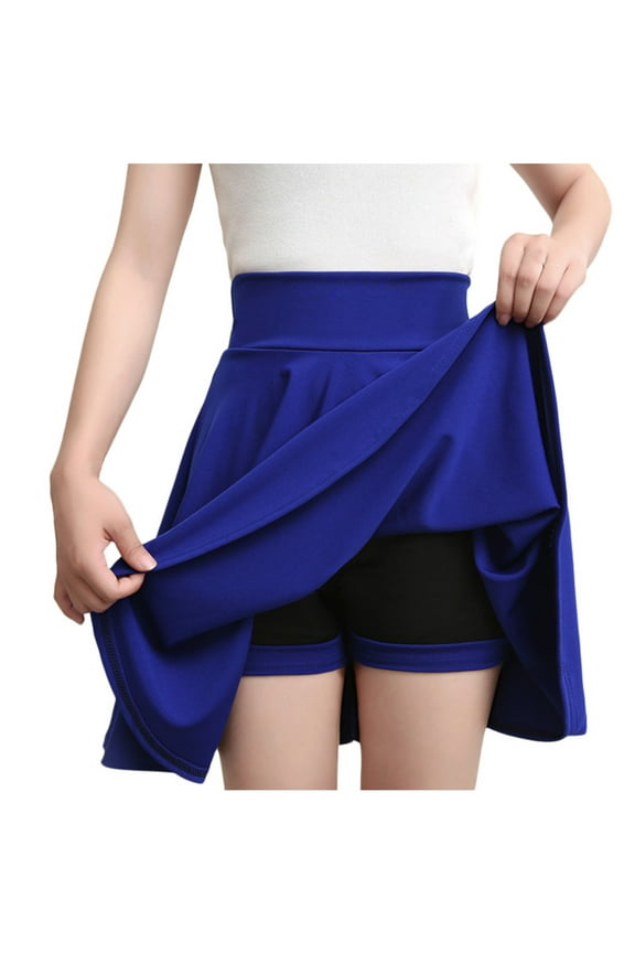 Women's Casual Stretchy Flared Pleated Mini Skater Skirt with Shorts Basic High Waist Short Skirts Plus Size