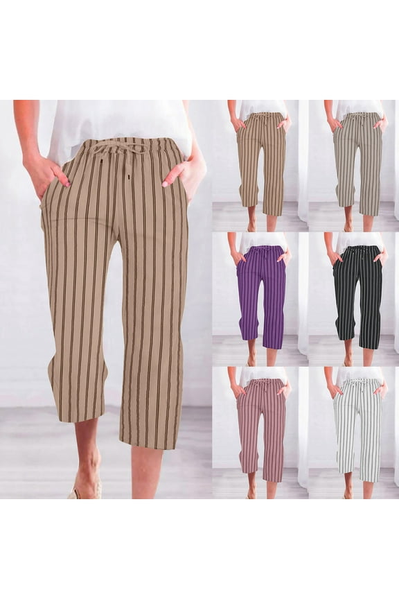 Women's Casual Stripe Elastic Waist Loose Straight Wide Leg Pants Trousers Slacks with Pocket Stretchy Flowy Breathable Lounge Wear Office Work Travel Essentials | Aestivo,Black M