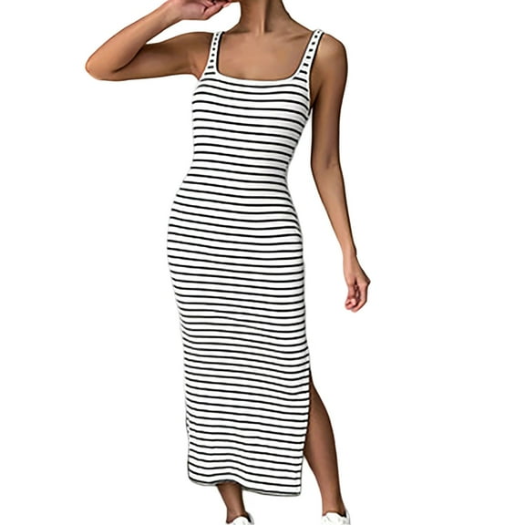 Women's Casual Stripe Sleeveless Round Neck Slim Dress, Split Hem, Polyester Blend, for Spring/Summer/Autumn, Multiple Sizes