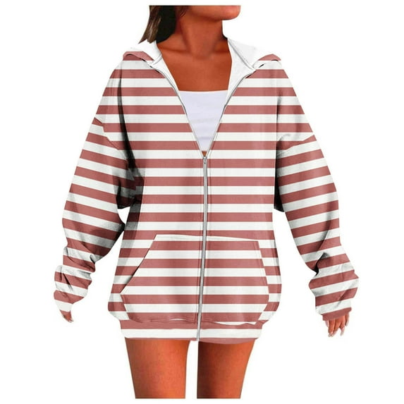 Women's Casual Stripe Sweatshirt Long Sleeve Zip Up Sweatshirt Loose Pullover Top Color Block Oversized Hoodies Cute Y2K Trendy Sweatshirts Coat