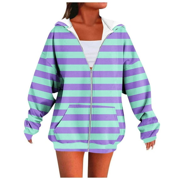 Women's Casual Stripe Sweatshirt Long Sleeve Zip Up Sweatshirt Loose Pullover Top Color Block Oversized Hoodies Cute Y2K Trendy Sweatshirts Coat