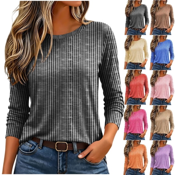 Women's Casual Striped 3/4 Sleeve Tops Crewneck Loose Fit Tunic Shirts Lightweight Knit Blouses Casual Work Tops for Women