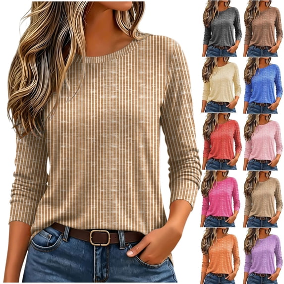 Women's Casual Striped 3/4 Sleeve Tops Crewneck Loose Fit Tunic Shirts Lightweight Knit Blouses Casual Work Tops for Women