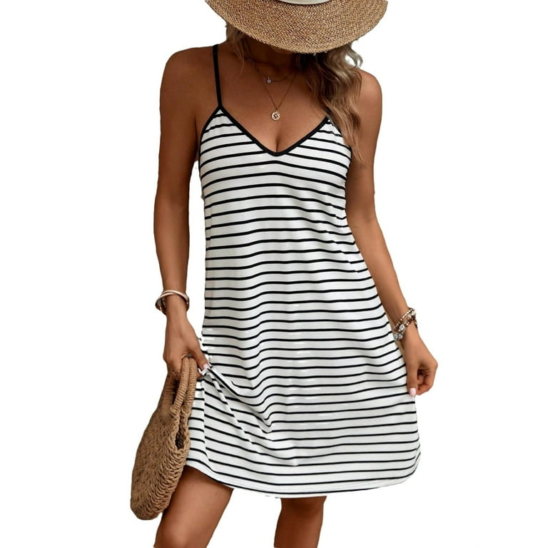 Women s Casual Striped Cami Spaghetti Strap Black and White