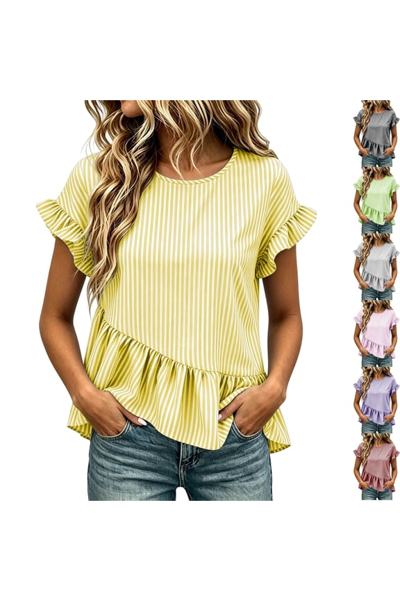 Women's Casual Striped Cap Sleeve Peplum Blouse Round Neck Ruffle Asymmetrical Hem Flowy Tunic Tops for Travel Cruise Resort Chic, Yellow, S