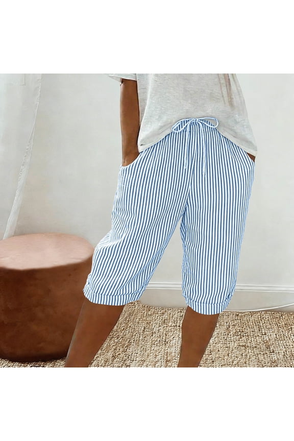 Women's Casual Striped Elastic Waist Shorts with Pockets, Loose Straight Wide Leg, Cotton Blend Trousers, Capri Pants for Women, Summer Beach | VerBelle,Blue 3XL