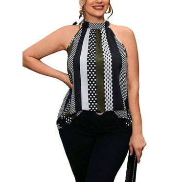 Women's Casual Striped Halter Sleeveless Army Green Plus Size Blouses 4XL (20)