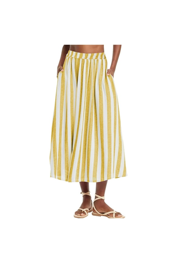 Women's Casual Striped High-Waist Wide-Leg Cotton Lightweight Palazzo Capri Culotte Pants