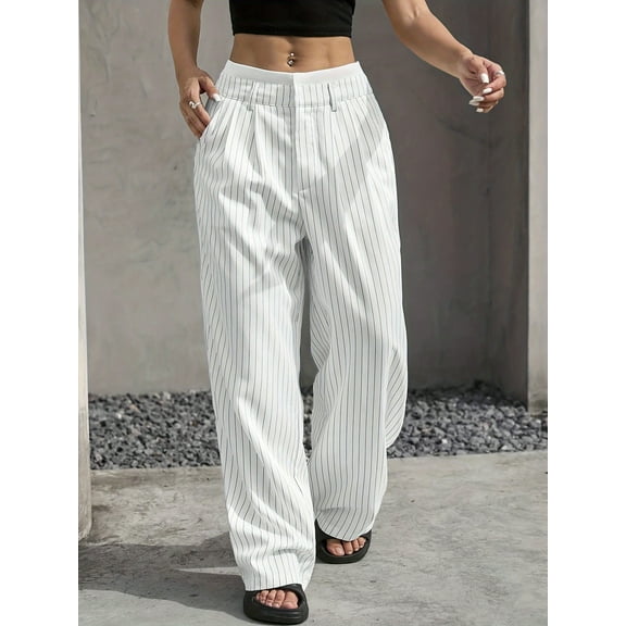 Women's Casual Striped High Waisted Pants Wide Leg Loose Fit Trousers