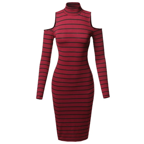 Women's Casual Striped Long Sleeve Mock Neck Cut Off Shoulder Midi Dress