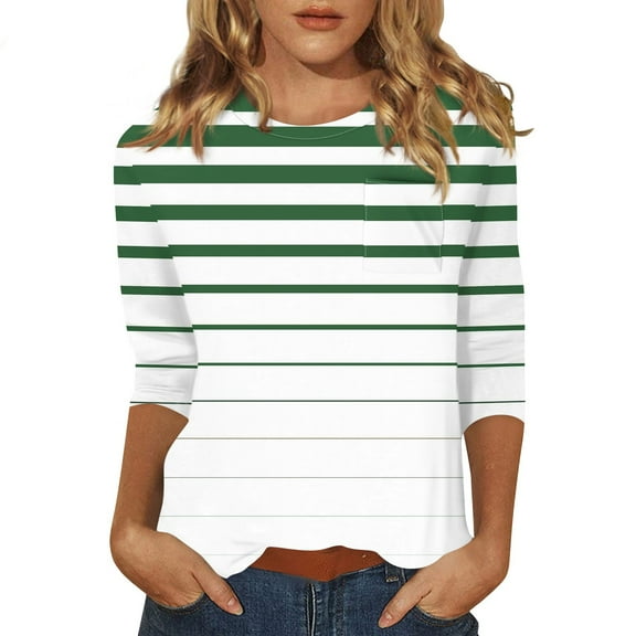 Women's Casual Striped Long Sleeve T-Shirt, Round Neck, Soft Comfortable Cotton Blend Top with Pocket, Red and White