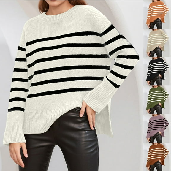 Women's Casual Striped Loose Round Neck Pullover Sweater for Fall Winter Striped Patterns,Brown,S