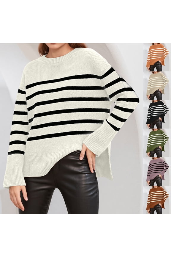 Women's Casual Striped Loose Round Neck Pullover Sweater for Fall Winter Striped Patterns,White,L