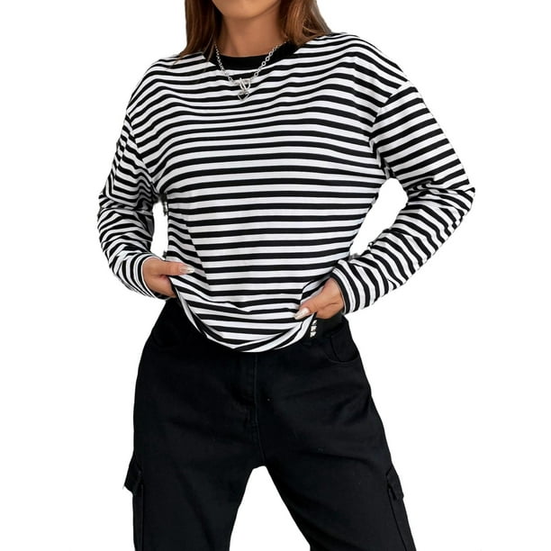 Women's Casual Striped Round Neck Long Sleeve Black and White TShirts