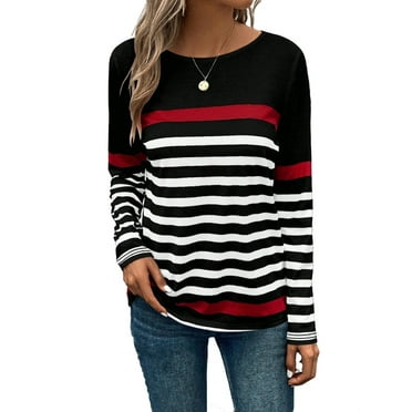 Women's Casual Striped Round Neck Red Long Sleeve T-Shirts XL (12)