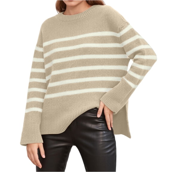 Women’s Casual Striped Round Neck Sweater, Oversized Loose Fit Long Sleeve Pullover, Lightweight Standard Thickness, Perfect for Spring, Autumn, Everyday Beige