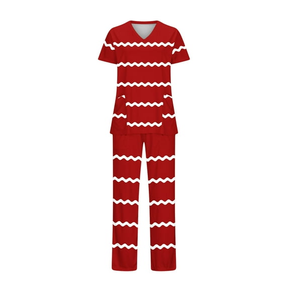 Women's Casual Striped Scrubs Sets Stretch V-Neck Top and Pants Nurse Uniforms Workwear Outfits with Pockets