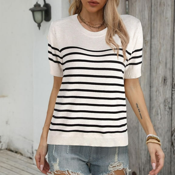 Women's Casual Striped Short Sleeve Round Neck Top for Summer and Spring