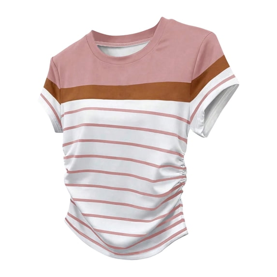 Women's Casual Striped Short Sleeve T Shirts Crewneck Summer Tee Shirts Pink S(S)