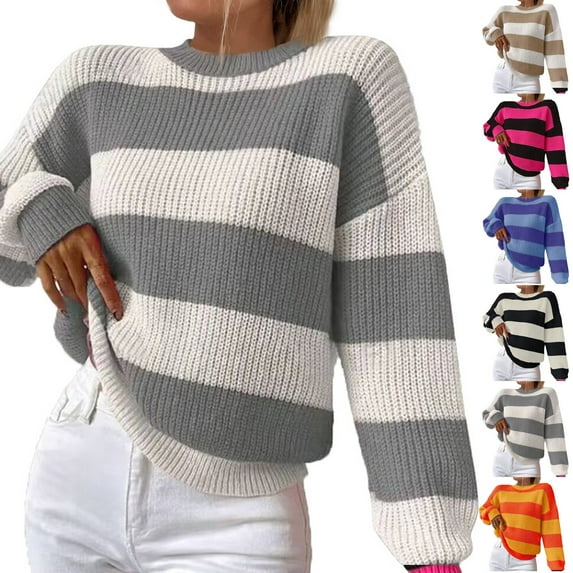 Women's Casual Striped Sweater Long Sleeve Pullover Crew Neck, Comfortable and Versatile, Great for Everyday Wear and Seasonal Outfits,Hot Pink,XL
