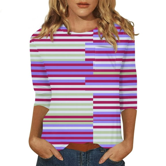 Women's Casual Striped T-Shirt, Short Sleeve Crew Neck Top with Pocket, Summer Fashion Blouse Multicolor