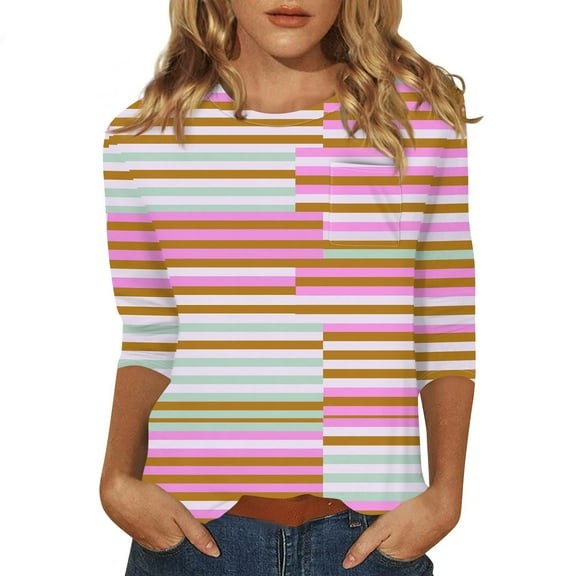 Women's Casual Striped T-Shirt, Short Sleeve Crew Neck Top with Pocket, Summer Fashion Blouse Multicolor