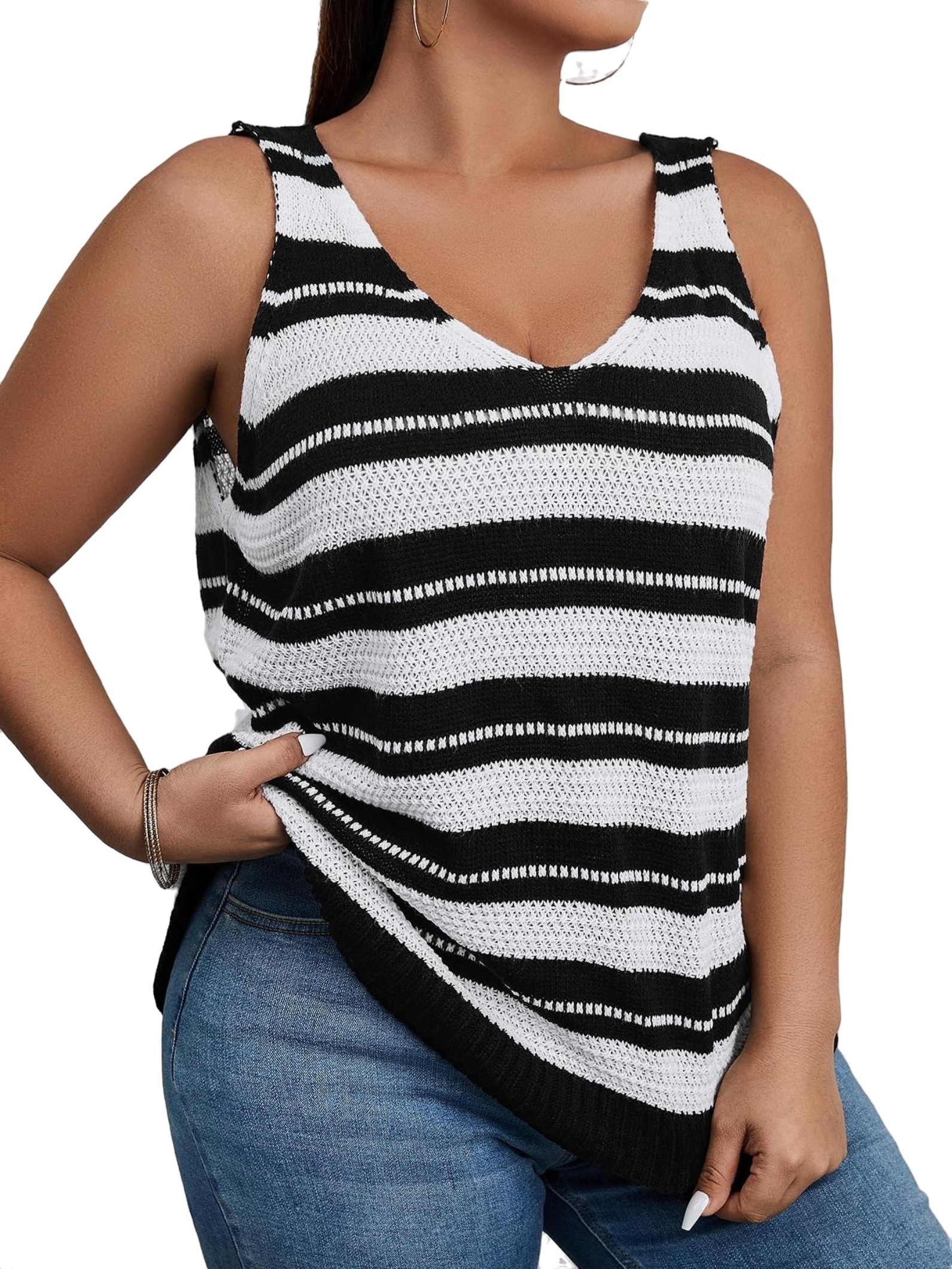 Women's Casual Striped V neck Black and White Plus Size Knit Tops 0XL