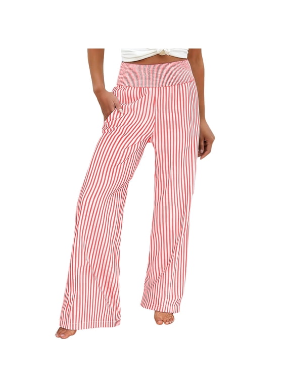 Women's Casual Striped Wide Leg Pants Elastic High Waisted Trousers Loose Lounge Palazzo Pants Red