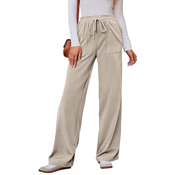 Women's Casual Stylish Elastic High Waisted Corduroy Trousers with Drawstring, Wide Leg Pants for Women, Fall Winter Fashion Bottoms, Ribbed Velvet,Beige,M