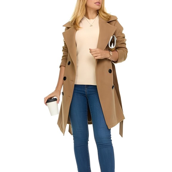 Women's Casual and Stylish Solid Color Loose Double-Breasted Long Trench Coat, Lapel Collar with Lining for Elegant Fall and Winter Outerwear,Camel,XL