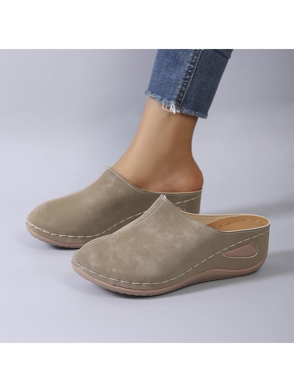 Women's Casual Stylish Versatile Solid Color Closed Toe Trendy Sandals With Wedge Heels Classic Clog Pumps Comfortable Slip On Senior Front Gifts