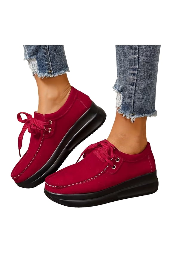 Women's Casual Suede Dress Shoes Comfortable Platform Wide Toe Box Non Slip Walking Shoes Vintage Lace Up Sneakers Red Size 8