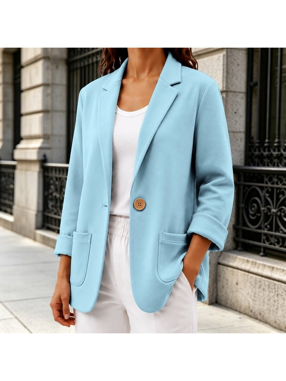 Women's Casual Suit Jacket,Soft Sweatshirt Knit Blazer,Notch Lapel Collar Single Button Open Front,Long Sleeve Relaxed Fit with Pockets,Work to Weekend Versatile Outerwear Light Blue S