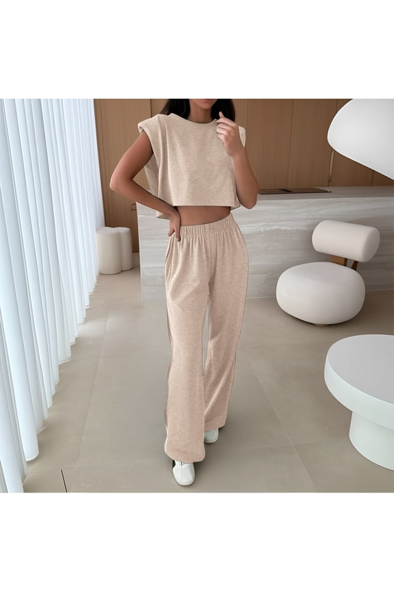 Women's Casual Suit Set Spring Summer Round Neck Shoulder Padded Trousers Outfit Pure Color Work Daily Wear Comfortable Stretchy Pant Loose Jumpsuit for Women Dress Jumpsuits for Women Evening All Two