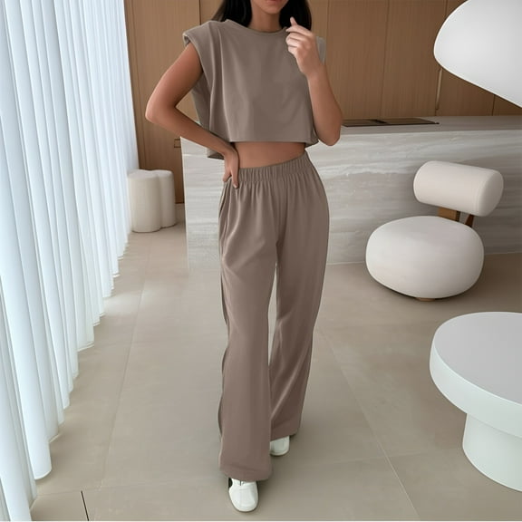 Women's Casual Suit Set Spring Summer Round Neck Shoulder Padded Trousers Outfit Pure Color Work Daily Wear Comfortable Stretchy Pant Loose Jumpsuit for Women Dress Jumpsuits for Women Evening All Two
