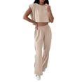 thumbnail image 1 of Women's Casual Suit Set Spring Summer Round Neck Shoulder Padded Trousers Outfit Pure Color Work Daily Wear Comfortable Stretchy Pant, 1 of 2