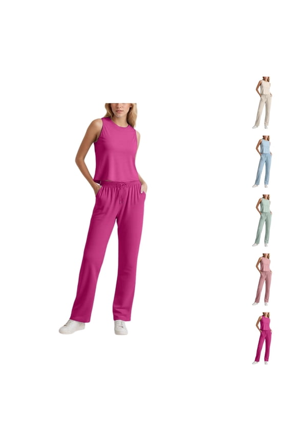 Women's Casual Suit Sleeveless Top Wide Leg Capri Trouser Suit Womens Casual Capris