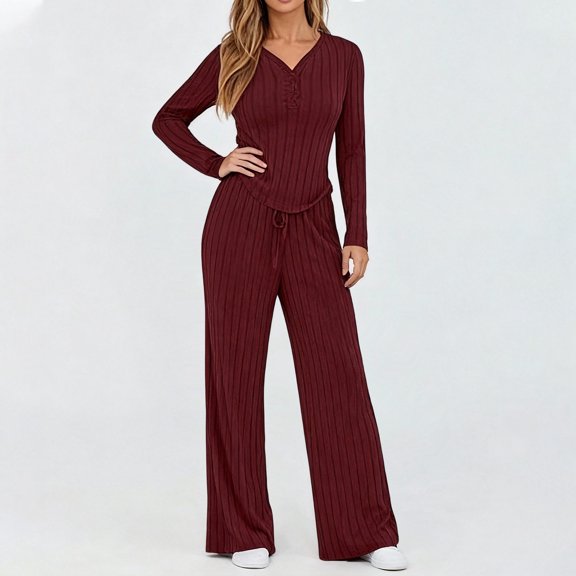 Women's Casual Suit V Neck Long Sleeve Top and Stretch Waisted Drawstring Long Pants 2 Piece Solid Color Sportswear Set,Wine L